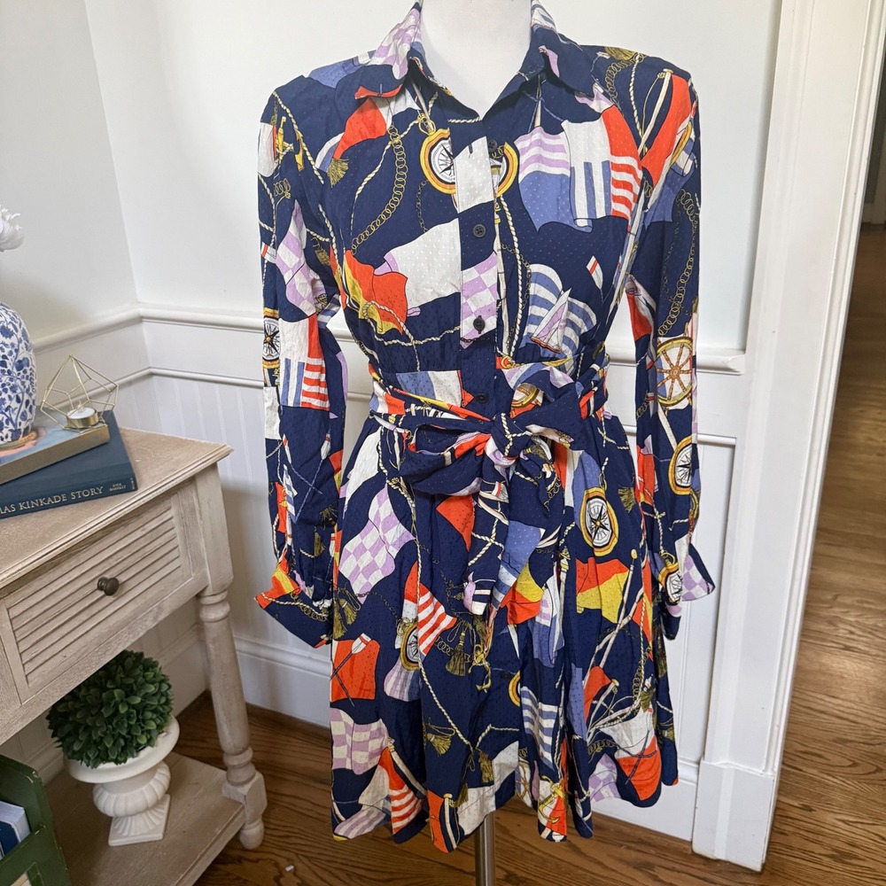 Anthropologie Maeve Shirtdress Buttondown Nautical Navy Sailing Boat Size XS